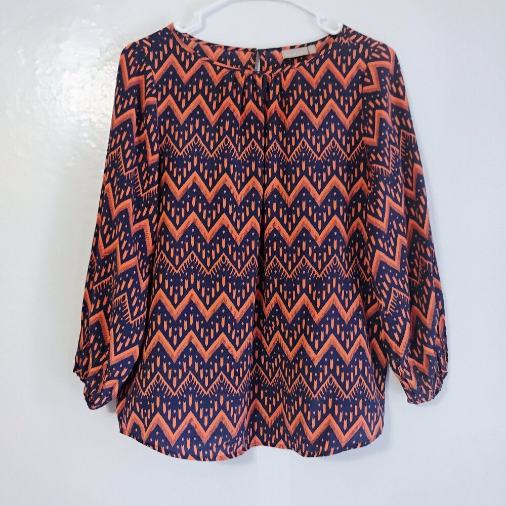 Ellie Kai Silk Blouse Sz 4 Orange Navy Printed Long Sleeve Flowy Top
